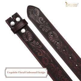JASGOOD Western Leather Belt Strap for Men without Buckle Floral Engraved Embossed Cowboy Leather Belt Strap 1.5 inch Wide