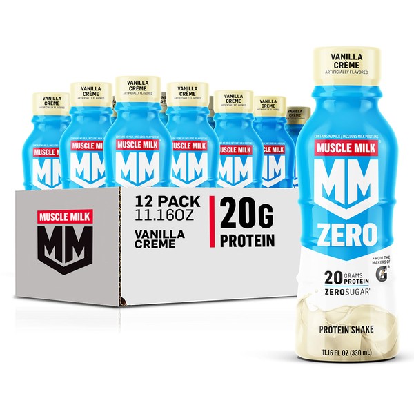Muscle Milk Zero Protein Shake, Vanilla Crème, 20g Protein, Zero Sugar, 100 Calories, Calcium, Vitamins A, C & D, 4g Fiber, Energizing Snack, Workout Recovery, Packaging May Vary 11.16 Fl Oz (Pack of 12)