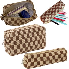 Plaid Makeup Bag Checkered Cosmetic Bag Brown Makeup Pouch 1Pcs Large Capacity Makeup Bags and 1Pcs Pencil Case Makeup Brushes Storage Bag Portable Travel Toiletry Bag Organizer for Women Girls