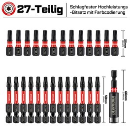 GEINXURN 26-Piece Torx Screwdriver Bit with 1-Piece 60 mm Magnetic Bit Holder, T25 Impact Resistant Screwdriver Bit Set 25 mm 50 mm Length, 1/4 Inch Hex Shank S2 Alloy Steel, Colour-Coded Base