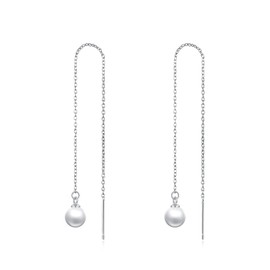 Pearl Threader Earrings 925 Sterling Silver Long Piercing Pearl Tassel Drop Dangle Ear Line Eardrop Earrings Jewellery for Women Teen Girls (Pearl threader earrings)