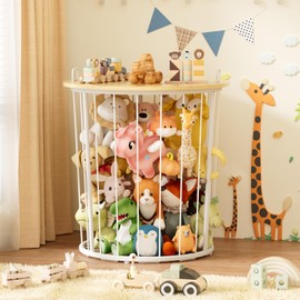 BBLIKE Large Stuffed Animal Storage End Table - Sturdy Metal Kids Toy Storage Bin, Stuffed Zoo Animal Holder for Bedroom, Living Room, Nursery, Perfect for Plush Toy Organizer, Wood