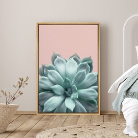 SIGNLEADER Framed Canvas Print Wall Art Nodulosa Succulent on Pink Background Nature Plants Photography Realism Modern Scenic Colorful Green Pastel for Living Room, Bedroom, Office - 24"x36" Natural