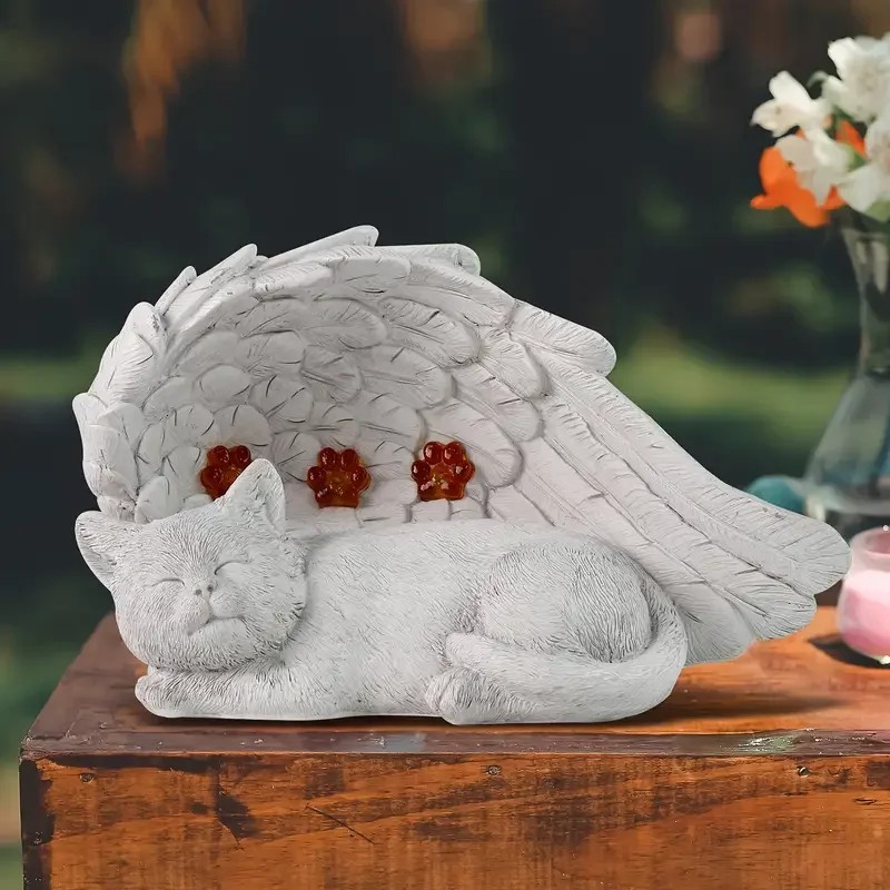 Solar Powered Angel Cat Memorial Sculpture, White Resin Sleeping Kitten