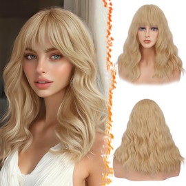 BARSDAR Wavy Medium Long Blonde Wig with Fringe, 46 cm Curly Wavy Wig with Fringe for Women Shoulder Length Hair Wig Synthetic Heat Resistant Wig Cosplay Party - Strawberry Blonde