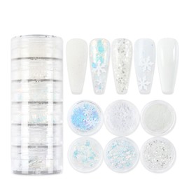 6 Boxes Winter Snowflake Nail Art Glitter Sequins 3D Holographic Christmas Nail Art Flakes White Nail Glitter Powder Snowflakes Hexagon Design Xmas Snow Confetti Glitter Makeup DIY Manicure Decoration