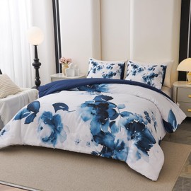 Koniroom 3 Pieces Blue and White Floral Comforter Set Queen Size, Flower Bedding with Watercolor Flowers Printing for Women, Reversible All Season Comforter with 2 Pillow Shams