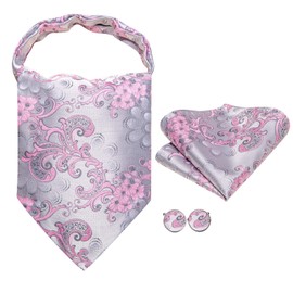 Hi-Tie Ascot Lapel Pin Set Mens Cravat Ties for men Wedding Scarf Tie Party Business Formal Tuxedo,Sliver Pink Flower