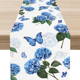 Hydrangea Butterfly Table Runner, Seasonal Spring Summer Watercolor Floral Table Center Decor for Home Kitchen Dining Wedding Party Indoor Outdoor Decoration 13x72 Inch.