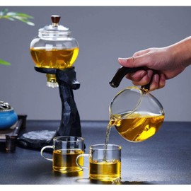 Mozeo Heat-resistant Kungfu Glass Tea Set with Heater Attract Water Diversion Rotating Cover Bowl Lazy Semi-Automatic Deer Glass Teapot (Black deer single)