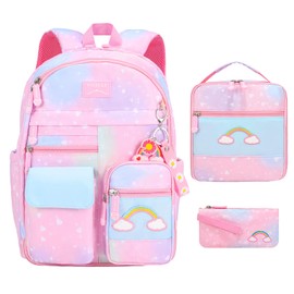 Youngsing Girls Backpack Set 3 IN 1,Cute Rainbow Kids Backpack with Insulated Lunch Box Pen Case Set Student School Bag(Pink-3 pieces set)