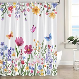 Floral Shower Curtain Colorful Flower Butterfly Watercolor Wildflower Plant Nature Spring Blossom Botanical Aesthetic Bath Curtain with Hooks