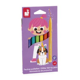 Janod - 8 pennarelli Glitterati - Alta densità di Glitter e Inchiostro Lavabile - Colori Assortiti - Colorare per Bambini - Hobby creativi, Scrapbooking, attività manuali - dai 3 Anni - J07412