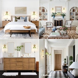 Shenmoyl Plug in Wall Sconce Set of 2, Gold Vintage Wall Lights with Green Lily Glass Shade, Indoor Brass Corded Wall Lamp Fixture for Bedroom Living Room Bathroom Hallway