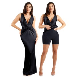 Popilush Shapewear Dress Ruched Bodycon - Deep V Neck Maxi Formal Dresses Built in Shapewear Sleeveless Long Dress Black
