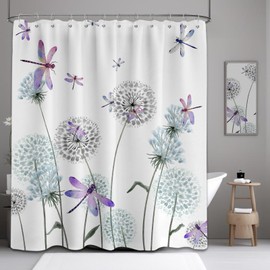 Tonmue Dandelion Shower Curtain Purple Dragonfly Grey White Shower Curtains for Bathroom Decor, Waterproof Cloth Fabric with Hooks 70" W x 72" L