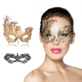 MYMENU Masquerade Mask for Couples Women Metal Rhinestone Venetian Party Evening Prom ball (Gold Phoenix + Black Lace)