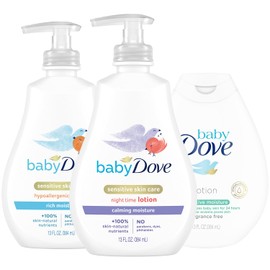 Dove Baby Lotion Bundle – Sensitive Skin Care Hypoallergenic Lotion, Nourishing & Hydrating Baby Lotion for Newborn, Rich Moisture, Calming Moisture & Fragrance Free Moisture, 13 Oz (3 Piece Set)