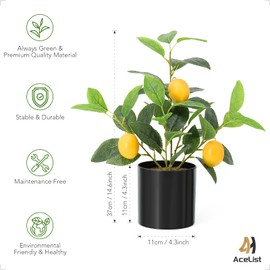 Artificial Mini Lemon Tree Potted Plants, 14.6 Inches Nearly Natural Fake Plant Lemon Decor for Kitchen, Indoor, Living Room, Bedroom, Windows, Office or Balcony-Black