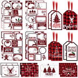 Gilprop 64 Christmas Gift Tags Stickers 8 Christmas Tags Present with String 8 Holiday Postcards Reindeer Snowflake Santa to and from Labels Self Adhesive for Xmas Gifts Presents Wrap(Black,Elk)