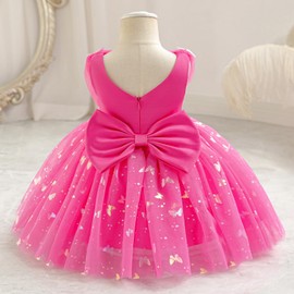 IDOPIP Toddler Baby Girls Shiny Butterfly Tutu Dress Princess Butterfly 1st Birthday Party Dresses Pageant Tulle V-Backless Bow Flower Girl Wedding First Communion Baptism Gown Hot Pink 12-18 Months