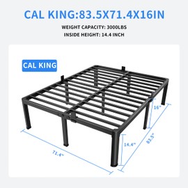MAF 16 Inch California King Bed Frame with Round Corner Legs Mattress Slide Stopper No Box Spring Needed Heavy Duty Metal Platform Bed Frames, 3000 LBS Steel Slats Support