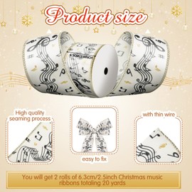 2 Roll 20 Yard Christmas Wired Ribbon Wide Musical Notes Christmas Themed Ribbon Wired Polyester Music Ribbon for Holiday Melody Tree Wrapping Crafts Wedding Decorations, 2.5 Inch x 10 Yard