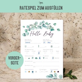 Things of Happiness 20 x Baby Shower Guessing Game Cards to Fill in | Baby Typing Cards Boys & Girls | Game Baby Shower Party | Gift Birth with Wishes for Baby (Eucalyptus)