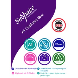 Snopake A4 Blue Clipboard with Pen Holder, Heavy Duty Ergonomic Metal Clip and Hanging Hole [Pack of 1] 15886