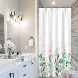 Uiiooazy Eucalyptus Shower Curtain, Green Leaves, Floral Pattern, Pink Shower Curtains, Anti-Mould, Waterproof, Polyester Fabric, Washable, Opaque, Bathroom Curtain with Hooks, 90 x 180 cm