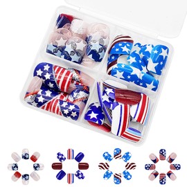 96Pcs July 4th Press on Nails Short Square Stripe Stars USA Flag Design False Nails Artificial Acrylic Nails Independence Day Fake Nails Full Cover Glossy Coffin Nails Glue on Nails for Women
