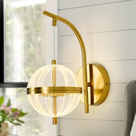 UOFUS Gold Wall Sconce with Globe Acrylic Shade Mid Century Modern Dimmable LED Wall Light Fixture 12W 3000K/4000K/6000K Temperature Adjustable Super Bright Bathroom Vanity Light for Bedroom Hallway