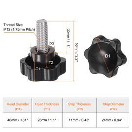 HARFINGTON 2pcs Star Knobs M12 x 30mm 304 Stainless Steel Threaded Stud 46mm Plastic 6-Star Head Hand Tightening Thumb Screw Clamping Jig Knob Handle, Black