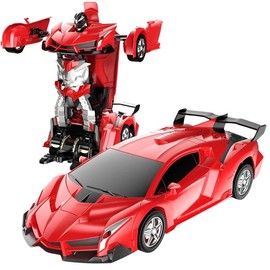 Transforming RC Car with Remote Control, 360° Rotation Light Music One-Button - Auto Demo Remote Control Car, 360 Degree Rotating Remote Control Toy:_Red