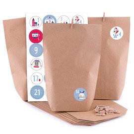 Adventskalender zum Befüllen Sweet Home 24 Kraftpapiertüten braun Geschenktüten Weihnachten, Weihnachtskalender Bastelset inkl. Zahlenaufkleber und Klammern von pajoma