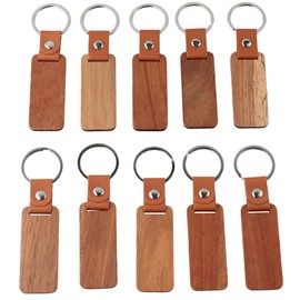 [Qicarkey] 10pcs Rectangle Leather Keychains Unfinished Wooden Key Holder Blank with Wooden Walnut Keyring for DIY Engraving Gift, Braun