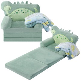 Burbell Toddler Chairs Comfy Dinosaur Toddler Couches That Fold Out with Blanket 2-in-1 Kids Fold Out Couch Velvet Child Foldable Convertible Sofa to Lounger (Green)