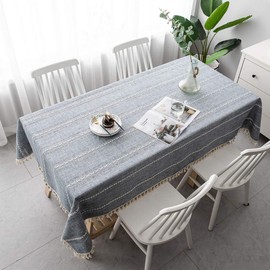 Wondder Cotton Linen Table Cloth Tassel Tablecloth for Party Banquet Dining Table Cover (Gray striped hollow, 140x180cm(55x70.8inch))