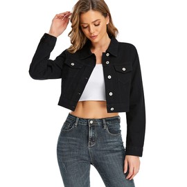 PEIQI Women’s Cropped Jean Denim Jacket Button Down Long Sleeve with Pockets Black XX-Large