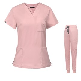 Meichoon Scrubs for Women Set Medical Uniforms V-Neck Stretch Short Sleeve Top with 3 Pockets Tapered Yoga Jogger Pants Elasticized Waistband DK09 Pink X-Small