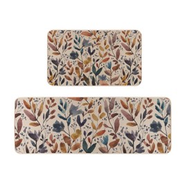 Moutina Watercolor Flowers Leaves Fall Kitchen Rugs Set of 2, Autumn Harvest Thanksgiving Home Decor Low-Profile Kitchen Mats for Floor - 17x29 and 17x47 Inch