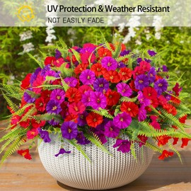HIAGROW HIAGROW Spring Artificial Flowers Outdoors 12 Bundles Artificial Petunias Fake Flowers UV Resistant Shrubs Plants with Fern for Indoor Outside Hanging Planters Home Garden Summer Decorations