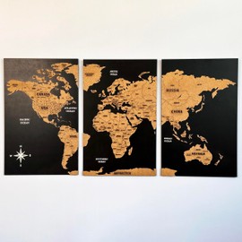 Push Pin Triptych Cork World Wall Art, Travel Wall Arts with Pins to Mark Places Traveled, Educational Decor for Kids, Office Decor and Gift for Travelers, (Medium - Black)