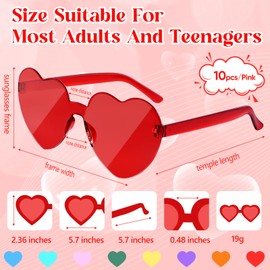 NACHLYNN 10 Pcs Heart Sunglasses Pink and Red Women Rimless Heart Shaped Sunglasses Candy Color Heart Glasses for Party
