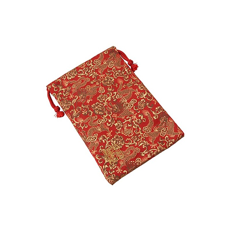 Senitosuin Nishijin Textile Brocade Drawstring Bag (Lined), Red Gold Dragon,
