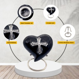 Heart Cremation Urn for Human Ashes Adult | Funeral Decorative Religious Cross Urns for Women and Men Carefully Handcrafted Keepsake Cremation Heart Shaped Urn Comes with Stand & Gift Box (Black)