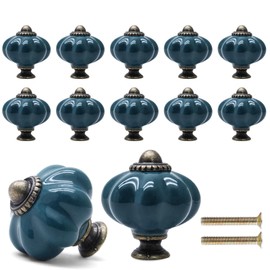 Cionyce 12 Pack Teal Pumpkin Knobs Ceramic Cabinet Knobs Retro Dresser Knobs Vintage Drawer Knobs Pulls for Vanity, Closet