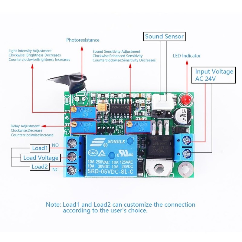 Sound Sensor Relay Switch Module, 12V/24V Microphone Light Sensor Controller