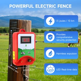 Electric Fence Energiser 12V with LED Display,1.5 Joule Output, 10Km/6.2 Miles Range,3 Ways Power Supply,Electric Fence for Protection of Livestock,Pets,Poultry,Horse,Preventing Animal Intrusion
