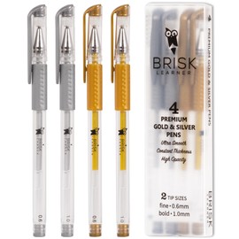 Brisk Learner 4 Gold Silver Gel Pens - 0.6 & 1.0mm Fine & Bold for Artists - Metallic Ink for Art, Drawing, Black Paper, Coloring, Journaling, Wedding, Scrapbook